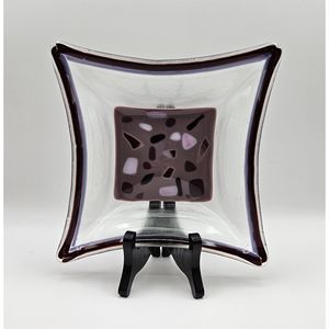 Abstract Fused Art Glass Square Console Dish Bowl Pink Mauve Browns Purple